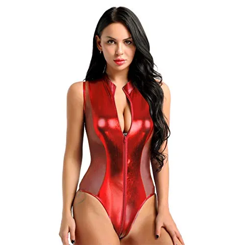 iixpin Women Wetlook Patent Leather See Through Mesh Splice Zipper Open Crotch High Cut Thong Bodysuit Swimsuit Black Medium