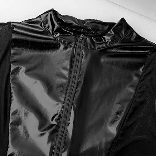 iixpin Women Wetlook Patent Leather See Through Mesh Splice Zipper Open Crotch High Cut Thong Bodysuit Swimsuit Black Medium