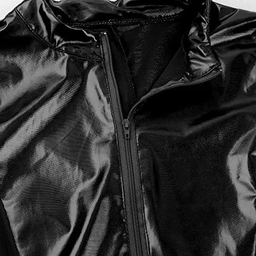 iixpin Women Wetlook Patent Leather See Through Mesh Splice Zipper Open Crotch High Cut Thong Bodysuit Swimsuit Black Medium