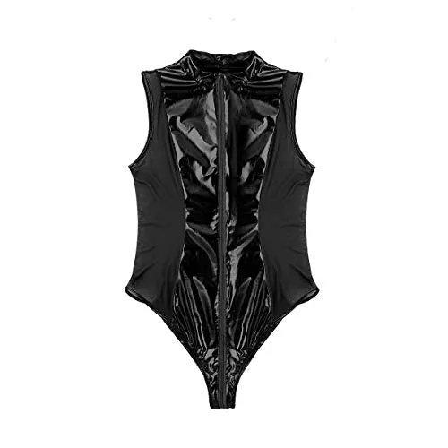 iixpin Women Wetlook Patent Leather See Through Mesh Splice Zipper Open Crotch High Cut Thong Bodysuit Swimsuit Black Medium