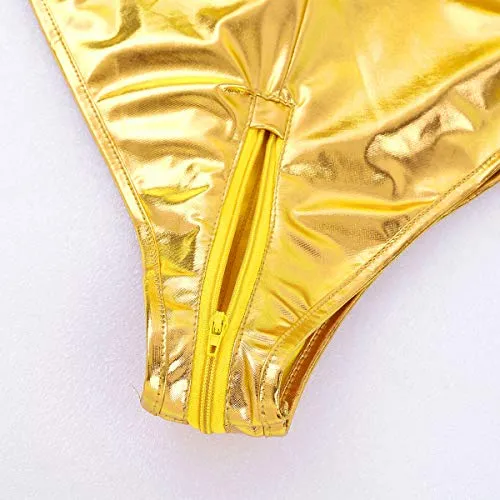 iixpin Women Wetlook Patent Leather See Through Mesh Splice Zipper Open Crotch High Cut Thong Bodysuit Swimsuit Black Medium