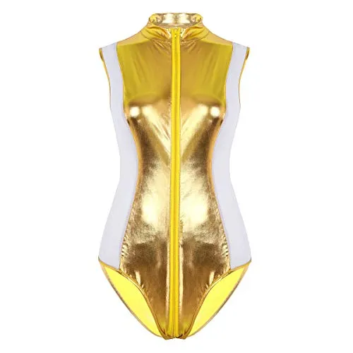 iixpin Women Wetlook Patent Leather See Through Mesh Splice Zipper Open Crotch High Cut Thong Bodysuit Swimsuit Black Medium