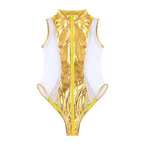 iixpin Women Wetlook Patent Leather See Through Mesh Splice Zipper Open Crotch High Cut Thong Bodysuit Swimsuit Black Medium