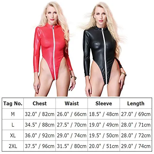 IWEMEK Womens Wet Look Bodysuit Long Sleeve Faux Leather
