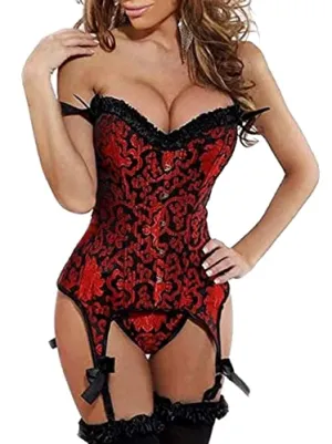 Kelvry Women's Gothic Satin Lace up Boned Bustier Corset Top with Suspenders