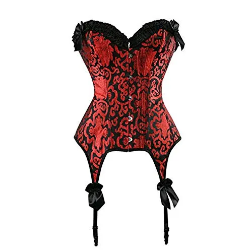 Kelvry Women's Gothic Satin Lace up Boned Bustier Corset Top with Suspenders