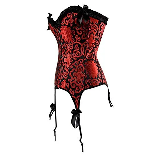 Kelvry Women's Gothic Satin Lace up Boned Bustier Corset Top with Suspenders