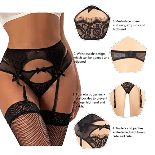 Lace Suspender Belt for Women High Waist Garter Belt Valentines 4 Strap Suspenders Plus Size Lingerie Set Black Size 12 14
