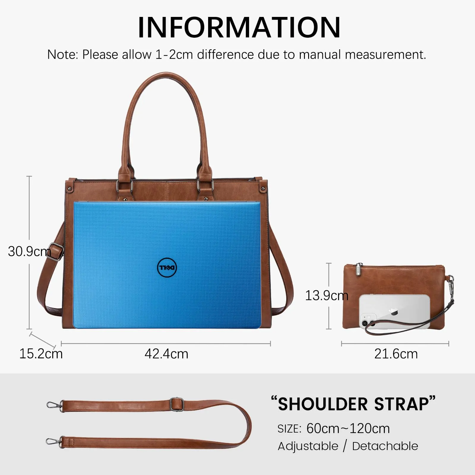 Laptop Bags for Women,15.6 Inch PU Leather Tote Bag with Wristlet Pouch, Retro Ladies Handbag Shoulder Bag Briefcase for Work School Office Business,Brown