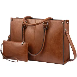 Laptop Bags for Women,15.6 Inch PU Leather Tote Bag with Wristlet Pouch, Retro Ladies Handbag Shoulder Bag Briefcase for Work School Office Business,Brown