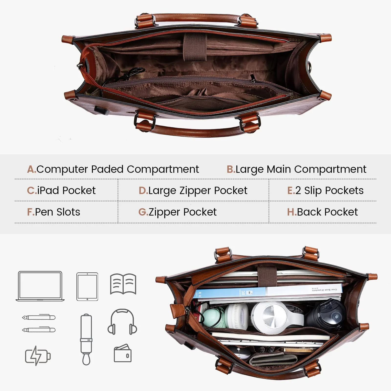 Laptop Bags for Women,15.6 Inch PU Leather Tote Bag with Wristlet Pouch, Retro Ladies Handbag Shoulder Bag Briefcase for Work School Office Business,Brown