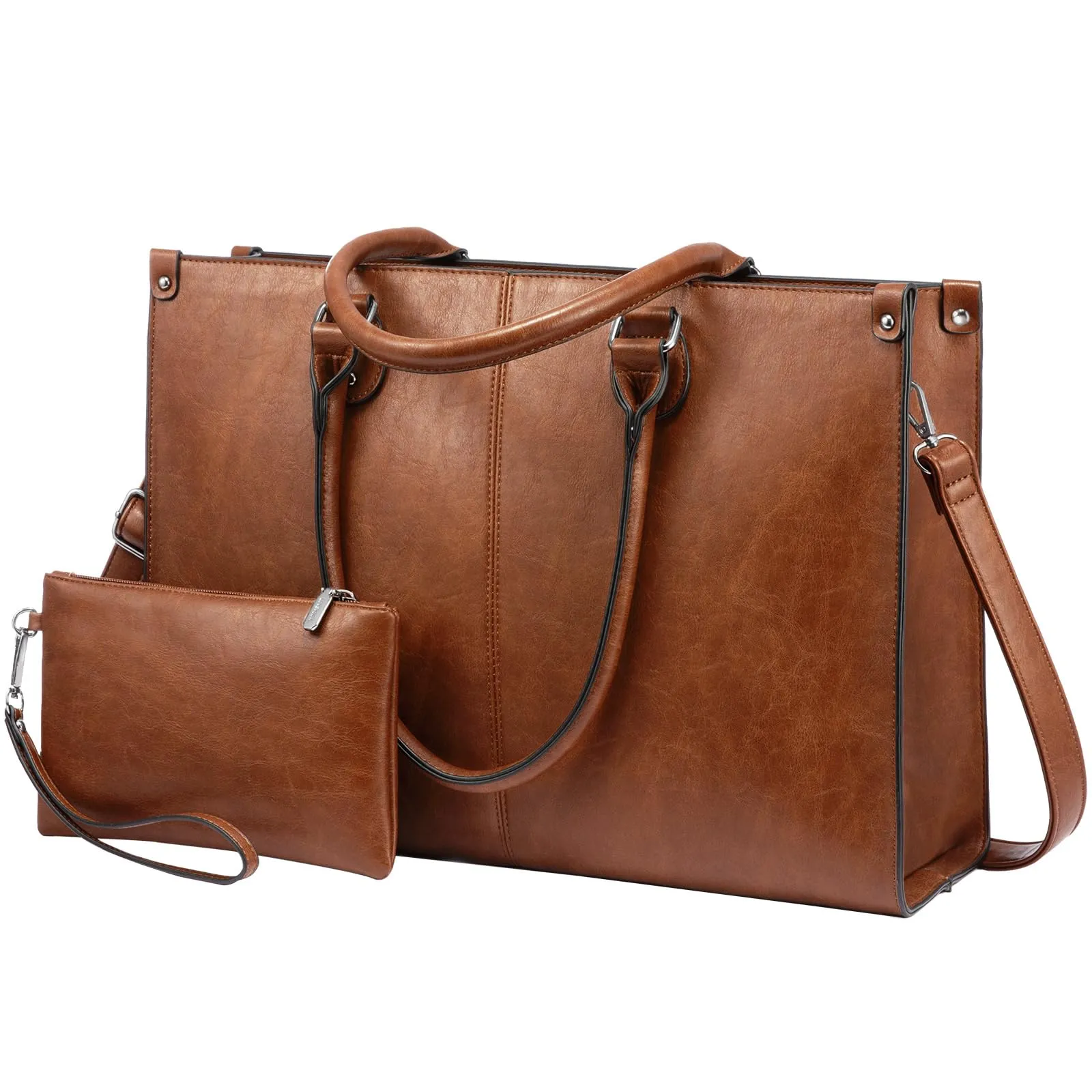 Laptop Bags for Women,15.6 Inch PU Leather Tote Bag with Wristlet Pouch, Retro Ladies Handbag Shoulder Bag Briefcase for Work School Office Business,Brown