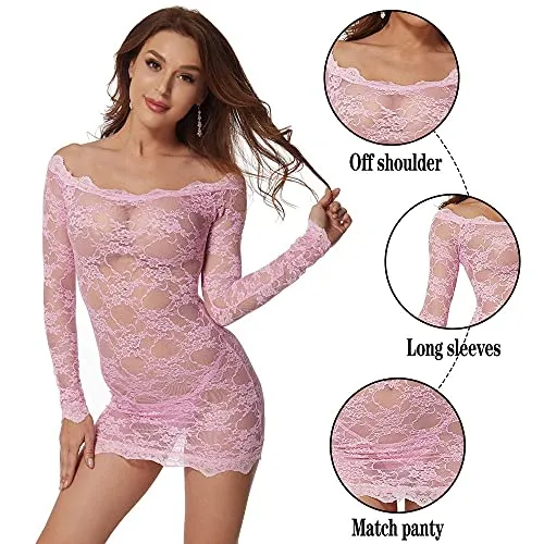 LINGERLOVE Womens Plus Size Lingerie Chemise Floral Lace Babydoll See Though Bodysuit