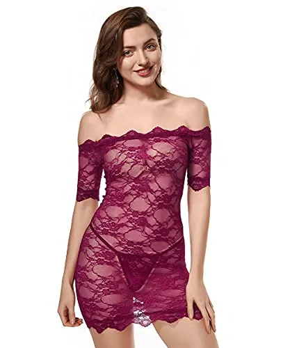 LINGERLOVE Womens Plus Size Lingerie Chemise Floral Lace Babydoll See Though Bodysuit