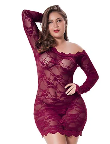 LINGERLOVE Womens Plus Size Lingerie Chemise Floral Lace Babydoll See Though Bodysuit