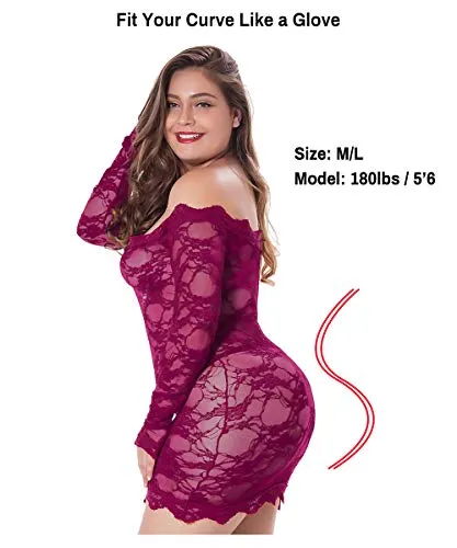 LINGERLOVE Womens Plus Size Lingerie Chemise Floral Lace Babydoll See Though Bodysuit