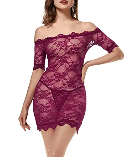 LINGERLOVE Womens Plus Size Lingerie Chemise Floral Lace Babydoll See Though Bodysuit