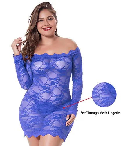 LINGERLOVE Womens Plus Size Lingerie Chemise Floral Lace Babydoll See Though Bodysuit
