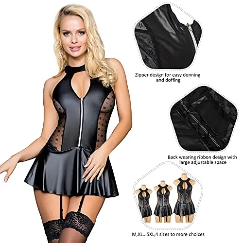 ohmydear Women Plus Size Leather Lingerie Set Lace Sleeveless Club Nightwear PVC Mini Dress Wet Look Outfits with Garter Belt and G-String