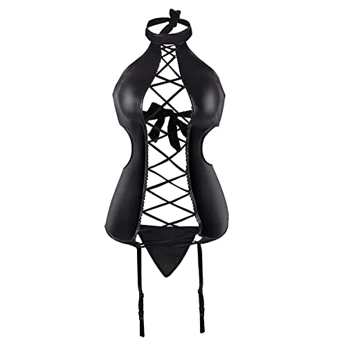ohyeahgirl Women Faux Leather Babydoll Garter Lingerie Sexy Babydoll Nightwear