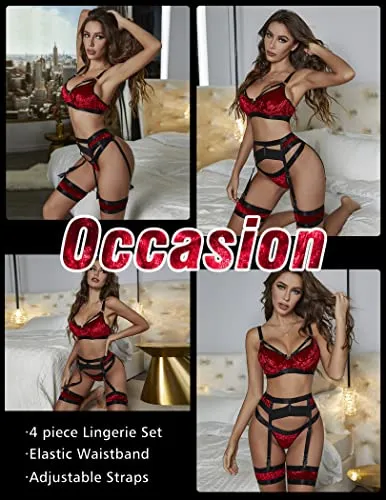 popiv Sexy Lingerie Set for Women 4 Piece Bra and Panty Set with Garter Belt Strappy Lingerie Set with Thigh Cuffs