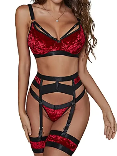 popiv Sexy Lingerie Set for Women 4 Piece Bra and Panty Set with Garter Belt Strappy Lingerie Set with Thigh Cuffs