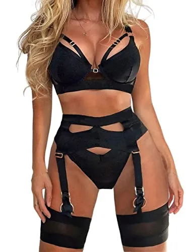 popiv Sexy Lingerie Set for Women 4 Piece Bra and Panty Set with Garter Belt Strappy Lingerie Set with Thigh Cuffs