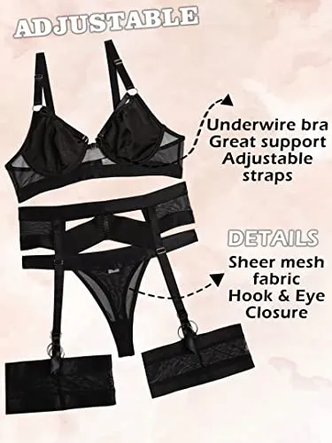 popiv Sexy Lingerie Set for Women 4 Piece Bra and Panty Set with Garter Belt Strappy Lingerie Set with Thigh Cuffs