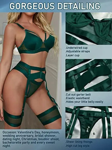 popiv Sexy Lingerie Set for Women 4 Piece Bra and Panty Set with Garter Belt Strappy Lingerie Set with Thigh Cuffs