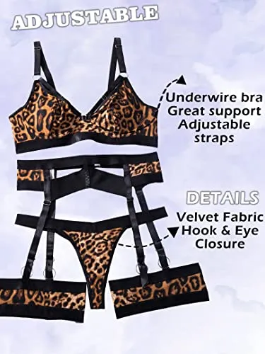 popiv Sexy Lingerie Set for Women 4 Piece Bra and Panty Set with Garter Belt Strappy Lingerie Set with Thigh Cuffs