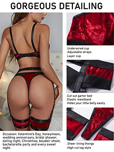 popiv Sexy Lingerie Set for Women 4 Piece Bra and Panty Set with Garter Belt Strappy Lingerie Set with Thigh Cuffs