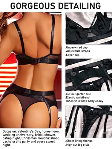 popiv Sexy Lingerie Set for Women 4 Piece Bra and Panty Set with Garter Belt Strappy Lingerie Set with Thigh Cuffs