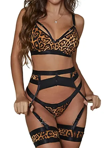 popiv Sexy Lingerie Set for Women 4 Piece Bra and Panty Set with Garter Belt Strappy Lingerie Set with Thigh Cuffs