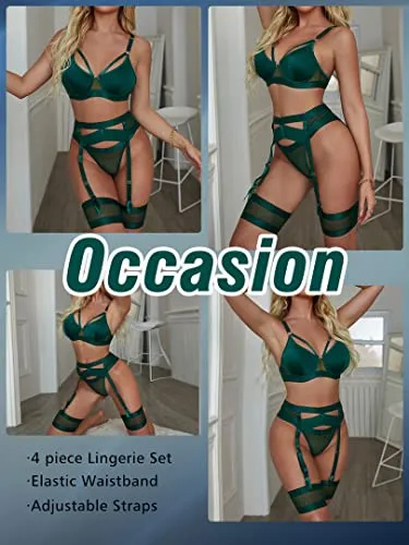 popiv Sexy Lingerie Set for Women 4 Piece Bra and Panty Set with Garter Belt Strappy Lingerie Set with Thigh Cuffs