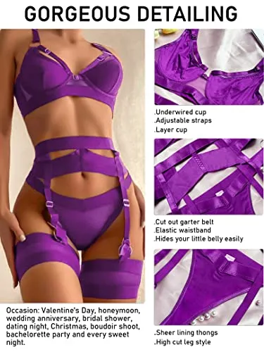 popiv Sexy Lingerie Set for Women 4 Piece Bra and Panty Set with Garter Belt Strappy Lingerie Set with Thigh Cuffs