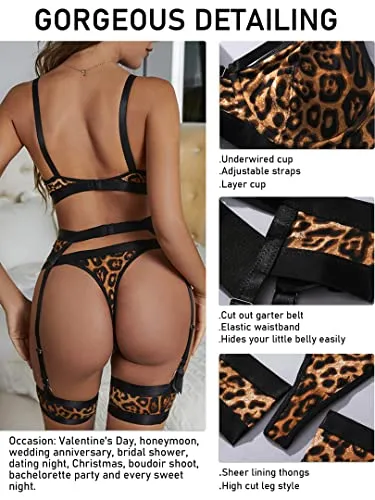 popiv Sexy Lingerie Set for Women 4 Piece Bra and Panty Set with Garter Belt Strappy Lingerie Set with Thigh Cuffs