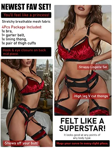 popiv Sexy Lingerie Set for Women 4 Piece Bra and Panty Set with Garter Belt Strappy Lingerie Set with Thigh Cuffs