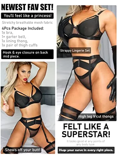 popiv Sexy Lingerie Set for Women 4 Piece Bra and Panty Set with Garter Belt Strappy Lingerie Set with Thigh Cuffs