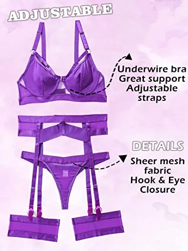 popiv Sexy Lingerie Set for Women 4 Piece Bra and Panty Set with Garter Belt Strappy Lingerie Set with Thigh Cuffs