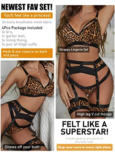 popiv Sexy Lingerie Set for Women 4 Piece Bra and Panty Set with Garter Belt Strappy Lingerie Set with Thigh Cuffs