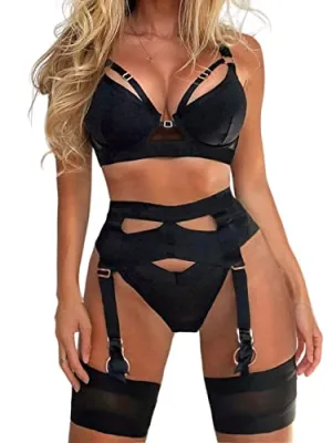 popiv Sexy Lingerie Set for Women 4 Piece Bra and Panty Set with Garter Belt Strappy Lingerie Set with Thigh Cuffs