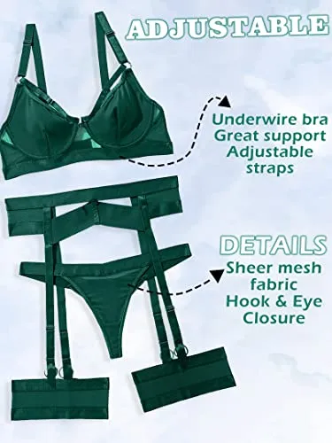 popiv Sexy Lingerie Set for Women 4 Piece Bra and Panty Set with Garter Belt Strappy Lingerie Set with Thigh Cuffs
