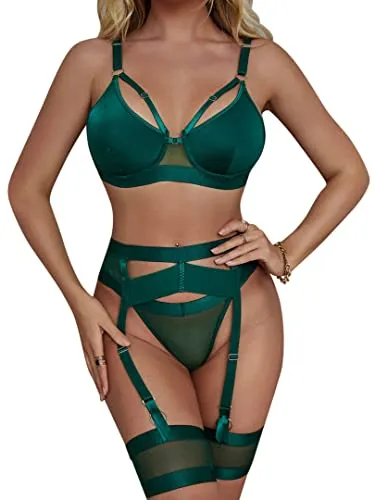 popiv Sexy Lingerie Set for Women 4 Piece Bra and Panty Set with Garter Belt Strappy Lingerie Set with Thigh Cuffs