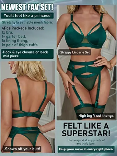 popiv Sexy Lingerie Set for Women 4 Piece Bra and Panty Set with Garter Belt Strappy Lingerie Set with Thigh Cuffs