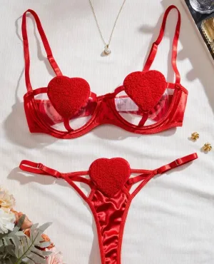 Red Heart Pattern Lingerie Set with matching Thong