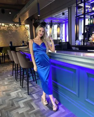 Royal Blue Silk Satin Cowl Neck Strappy Dress