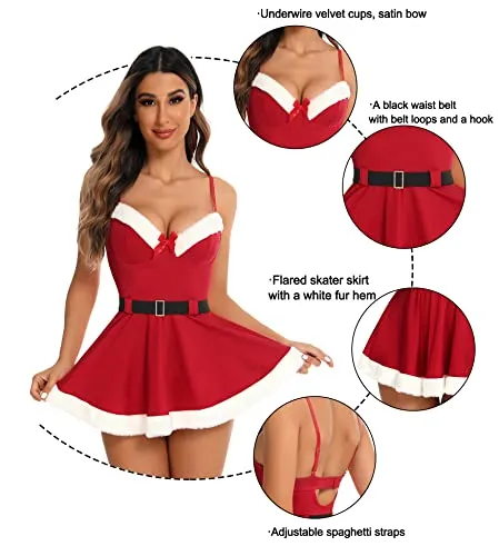 RSLOVE Sexy Christmas Lingerie for Women Santa Babydoll Chemise Sleepwear Dress Teddy Red