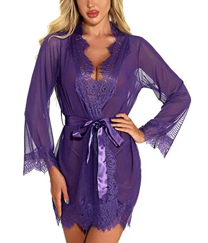RSLOVE Women's Lace Kimono Robe Sexy Lingerie Babydoll Nightwear Mesh Nightdress Transparent Kimono Chemise
