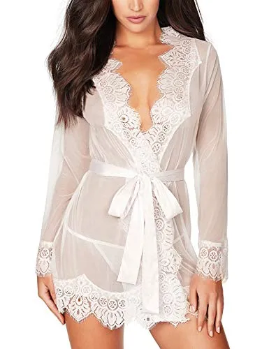 RSLOVE Women's Lace Kimono Robe Sexy Lingerie Babydoll Nightwear Mesh Nightdress Transparent Kimono Chemise