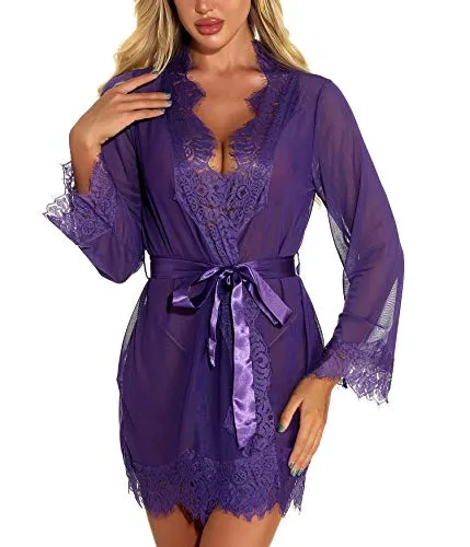 RSLOVE Women's Lace Kimono Robe Sexy Lingerie Babydoll Nightwear Mesh Nightdress Transparent Kimono Chemise